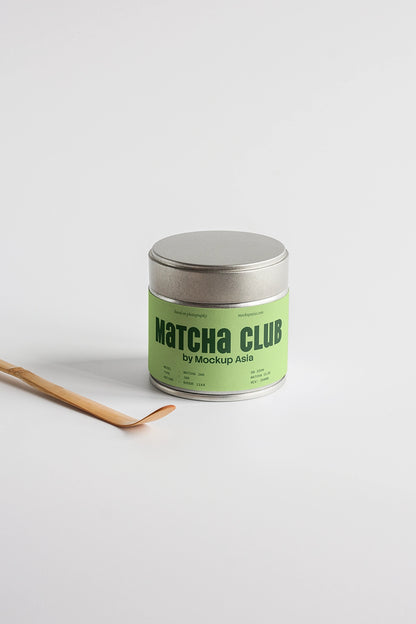 matcha packaging tin mockup with clean label design, modern minimalist scene