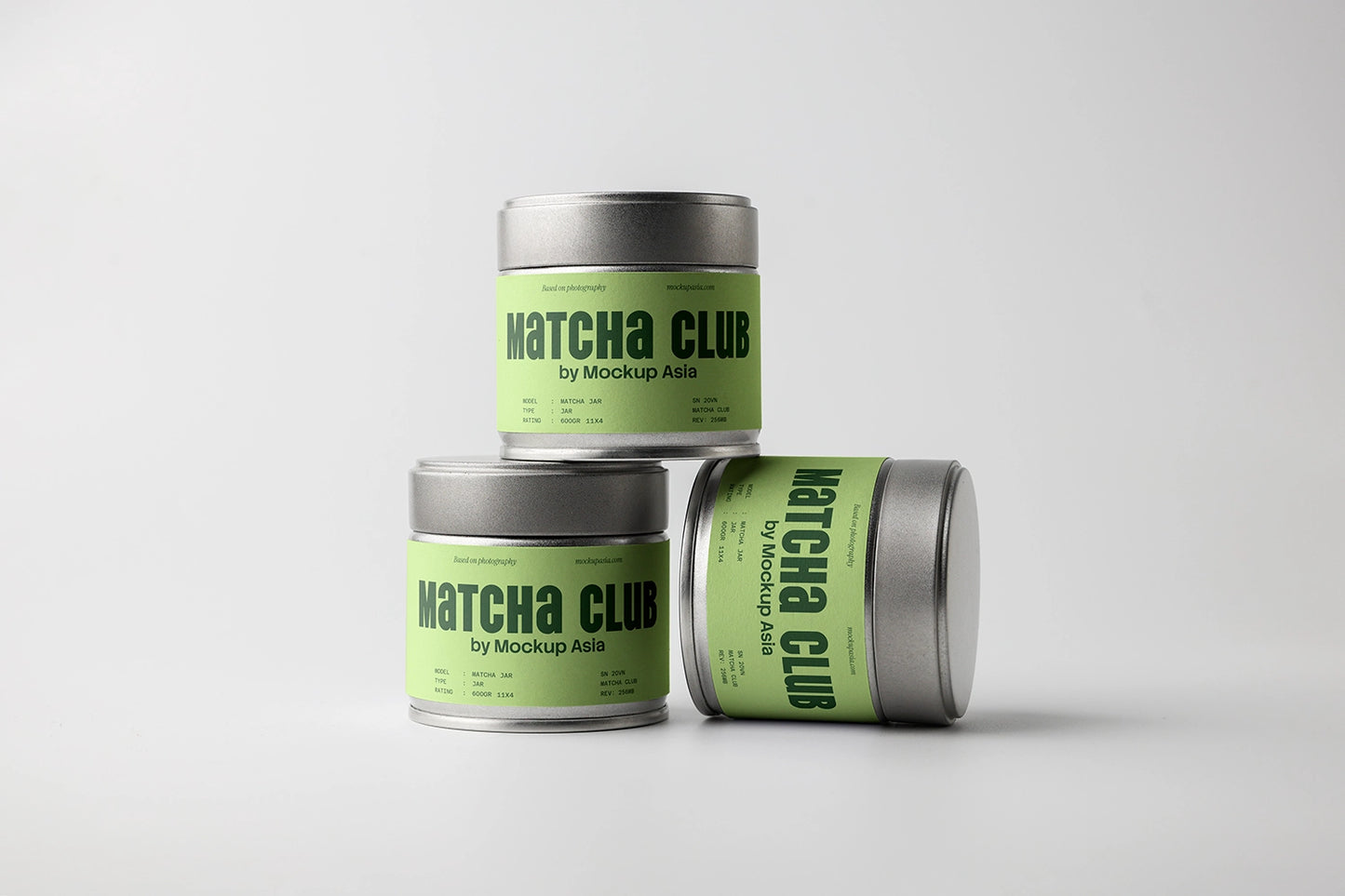 matcha tin mockup set with three containers stacked, modern product packaging presentation