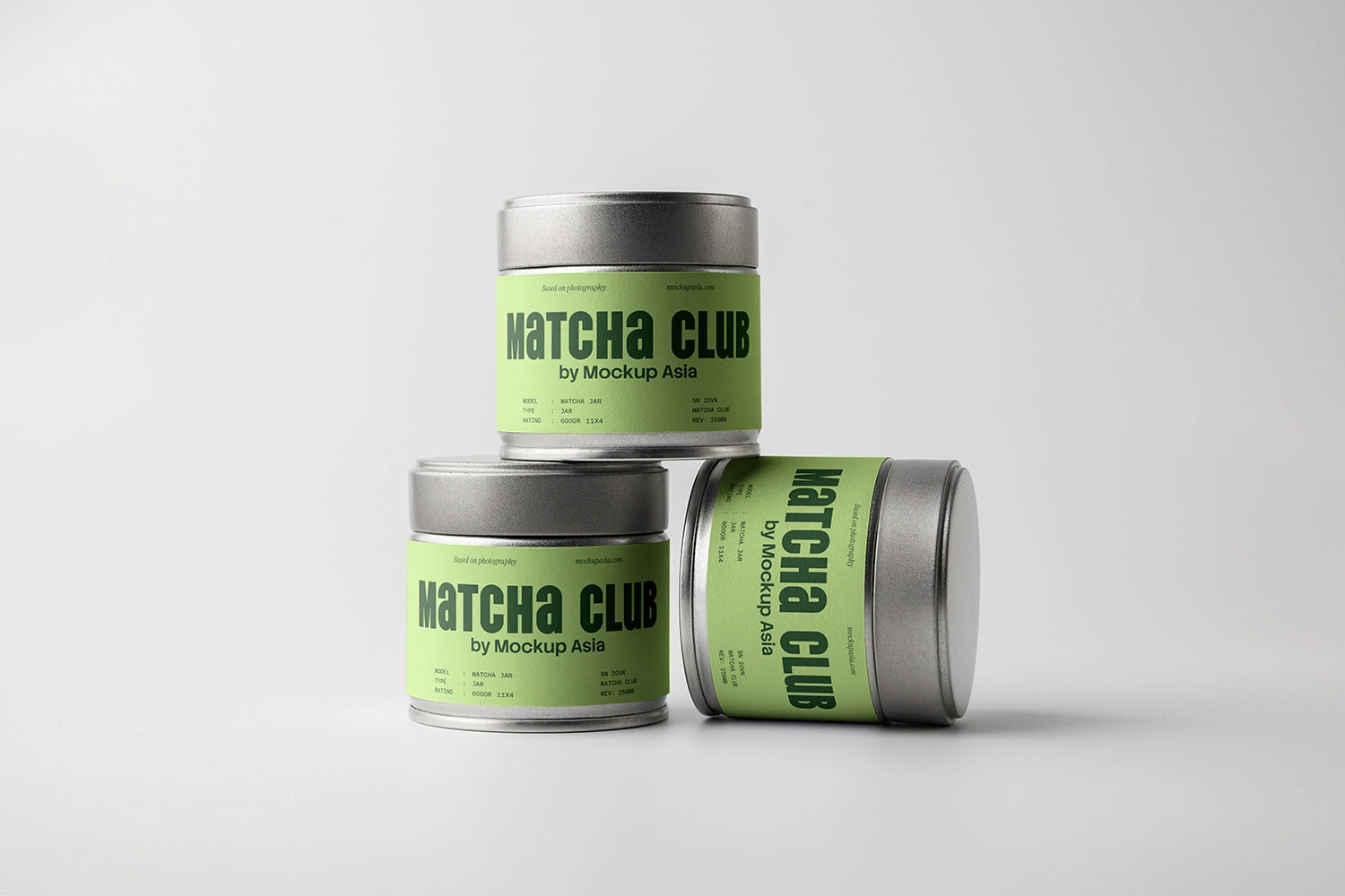 matcha tin mockup set with three containers stacked, modern product packaging presentation