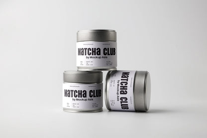 matcha packaging mockup with multiple tin cans, clean minimal branding setup
