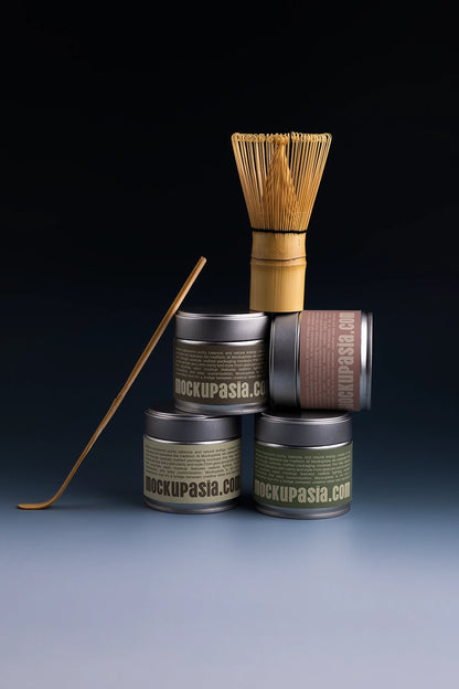 matcha packaging tin mockup set with creative stacked layout and tea tools, dramatic lighting