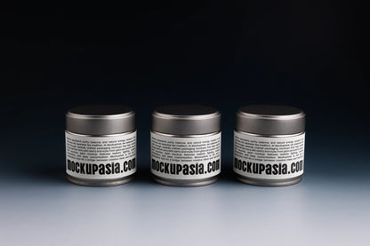 matcha tin can mockup set with three containers in a row, clean studio packaging presentation