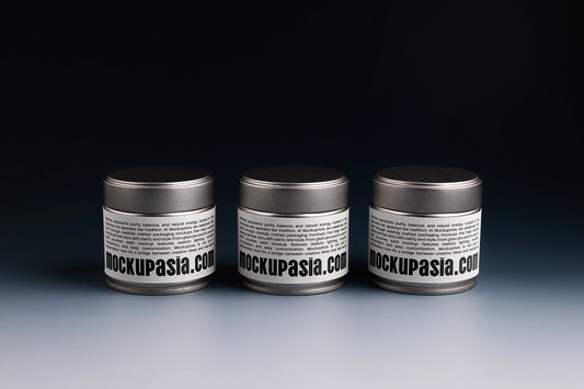 matcha tin can mockup set with three containers in a row, clean studio packaging presentation