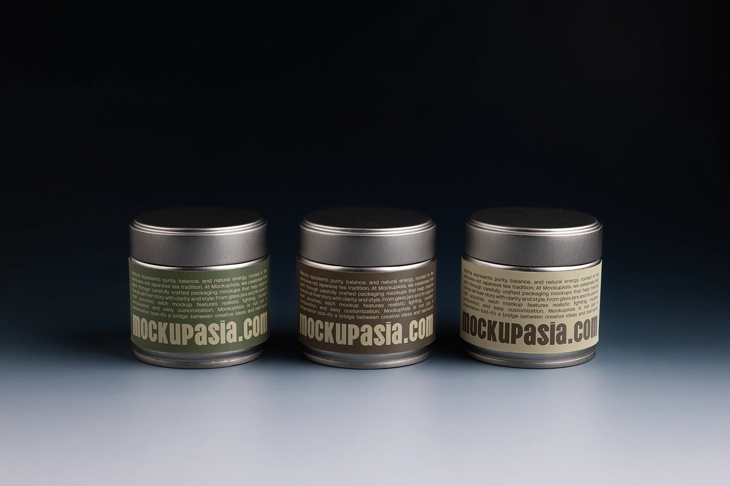 matcha packaging tin mockup lineup with minimal design, modern product display scene