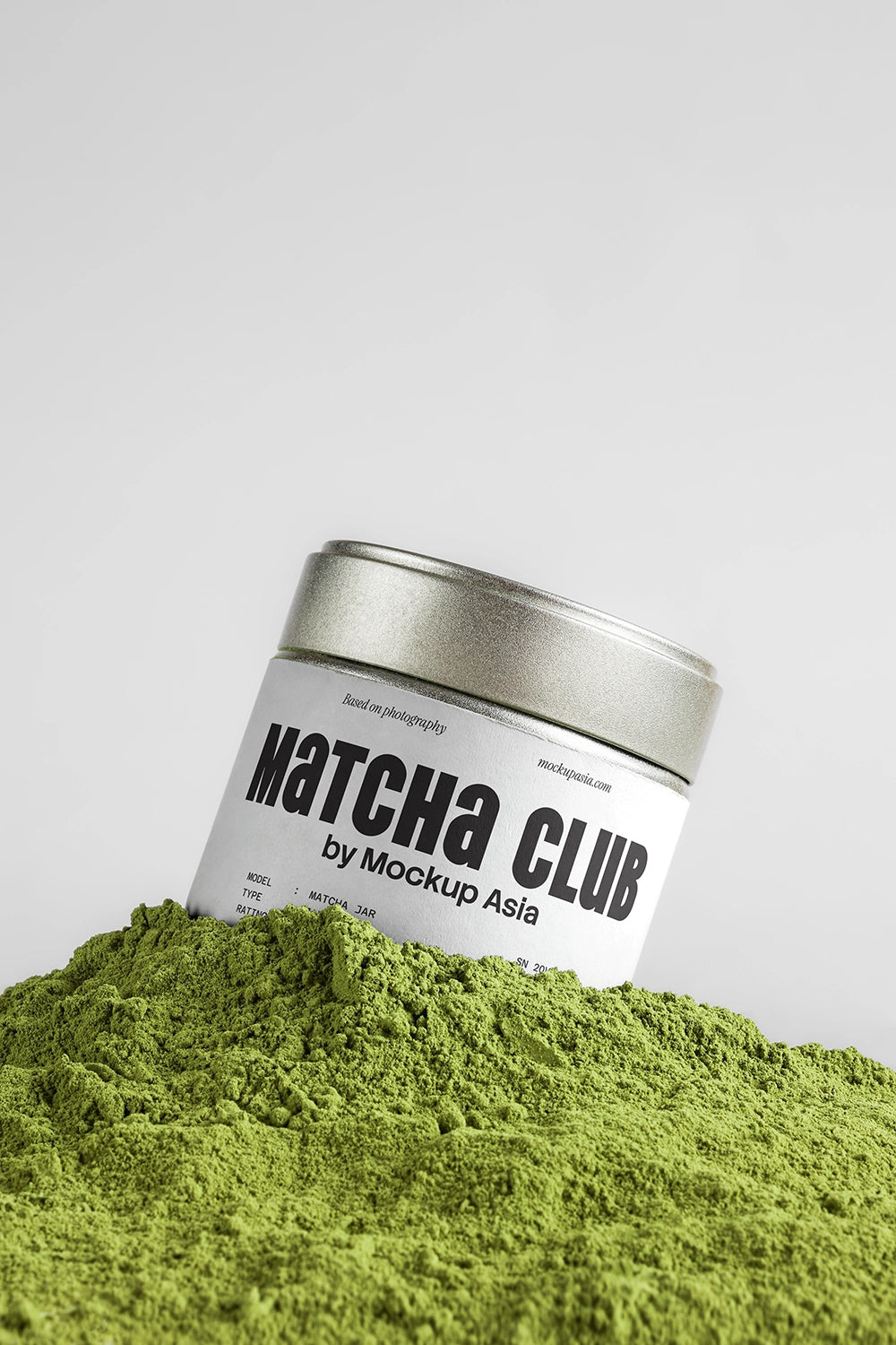 matcha packaging mockup with tin container in matcha powder, clean and minimal branding scene