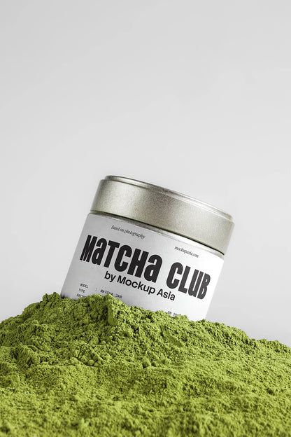 matcha packaging mockup with tin container in matcha powder, clean and minimal branding scene