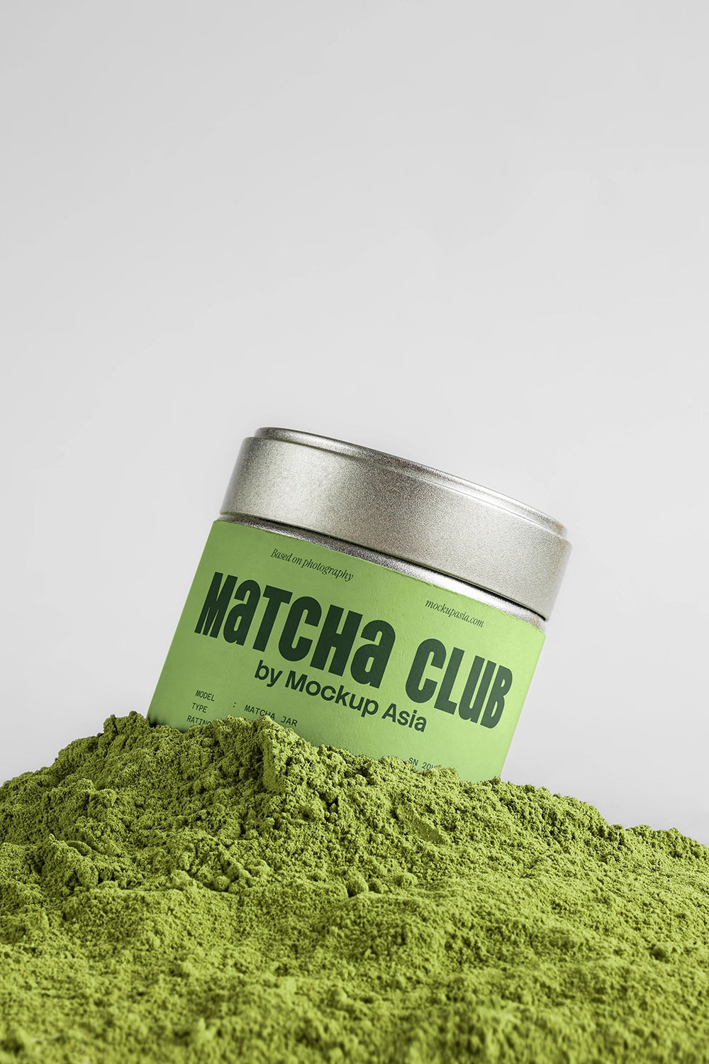green tea matcha powder mockup with metal tin, close-up product texture and packaging design