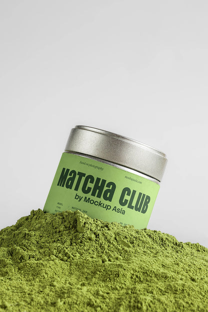 green tea matcha powder mockup with metal tin, close-up product texture and packaging design