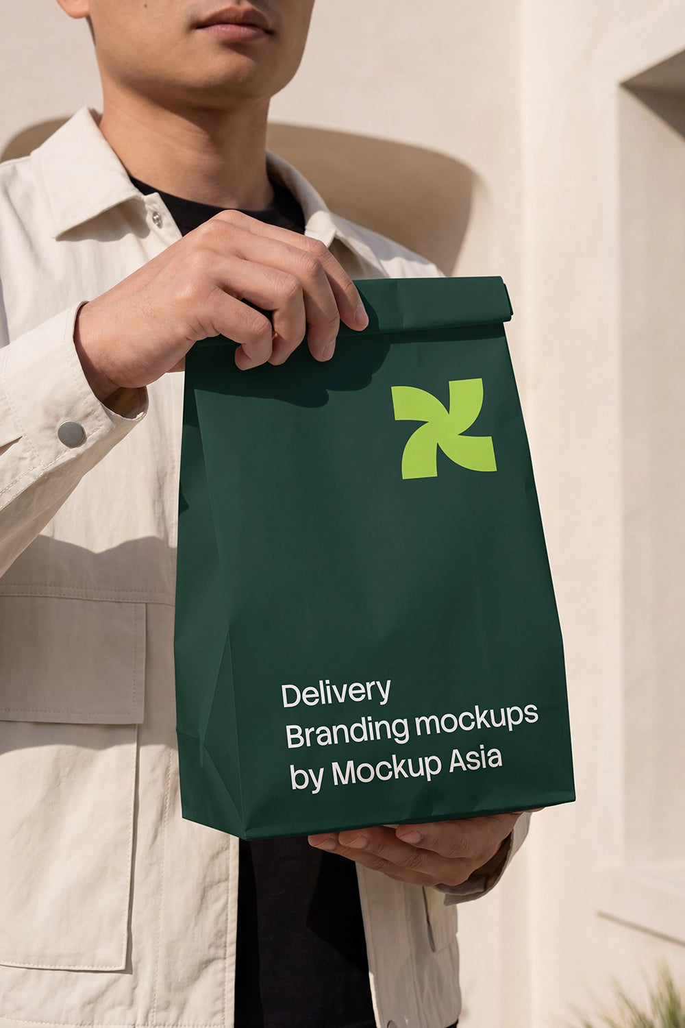 Handheld paper bag mockup PSD for food delivery packaging