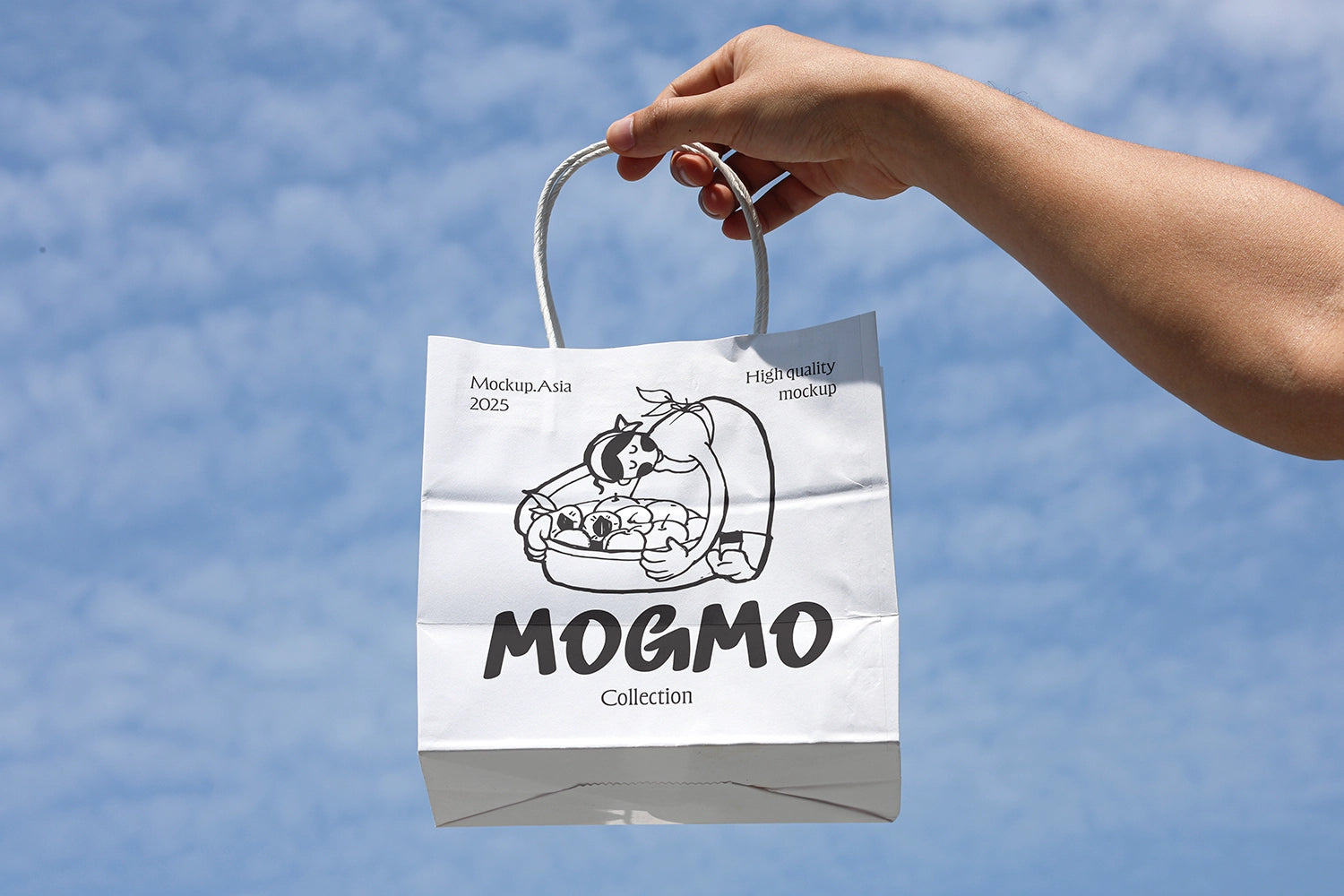 paper bag mockup held in hand against blue sky with natural sunlight and realistic shadow