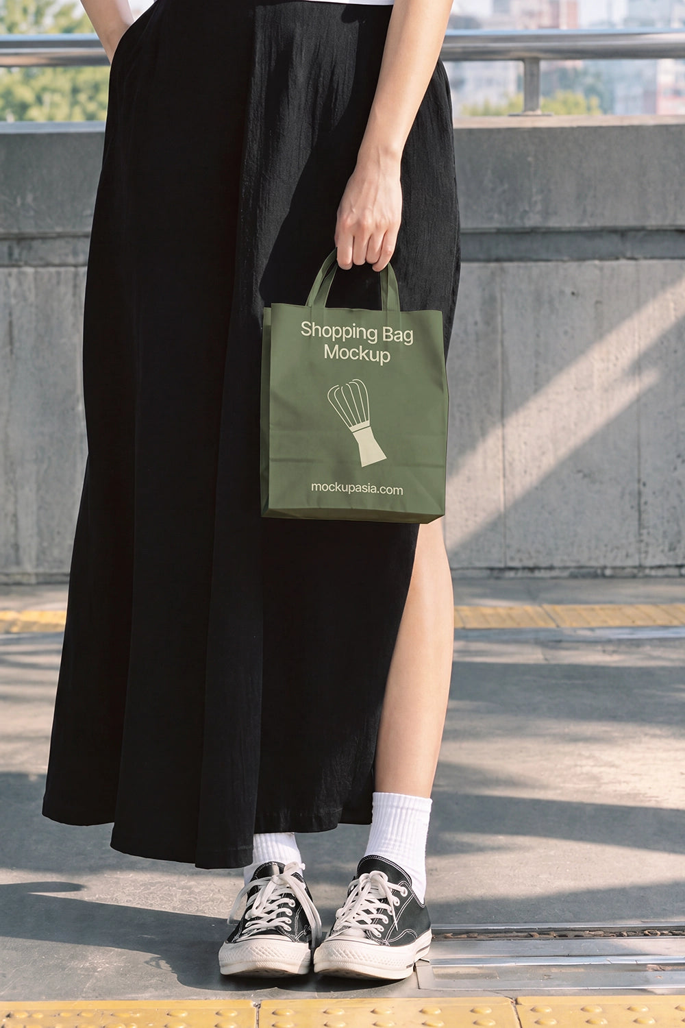 Shopping bag mockup with yellow handles and sides urban street style