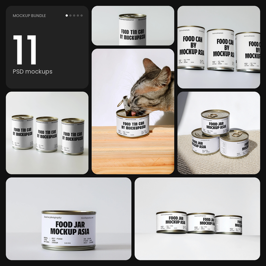 Pet Food Can Mockup Bundle – 11 PSD mockups by Mockup.Asia