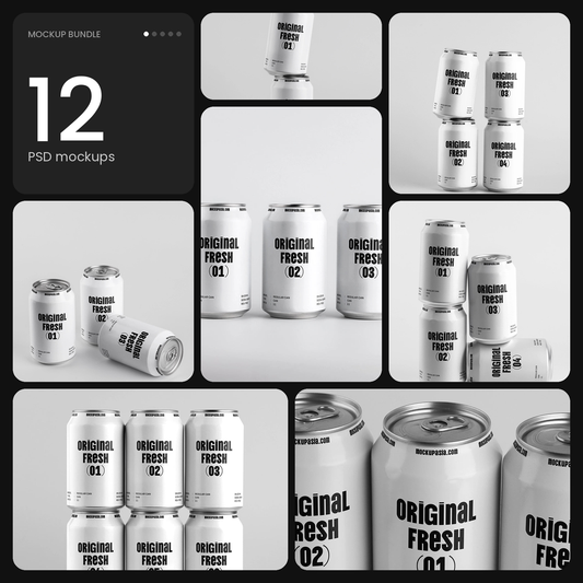 Regular Soda Can Mockup Bundle – 12 Professional Layouts (330ml) – 12 PSD mockups by Mockup.Asia