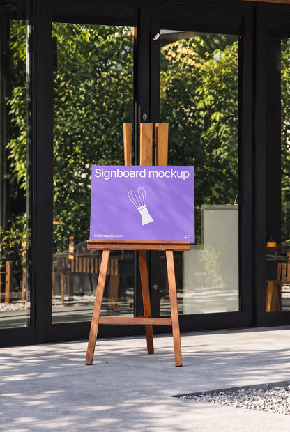 Café menu board mockup on wooden easel with sunlight shadows