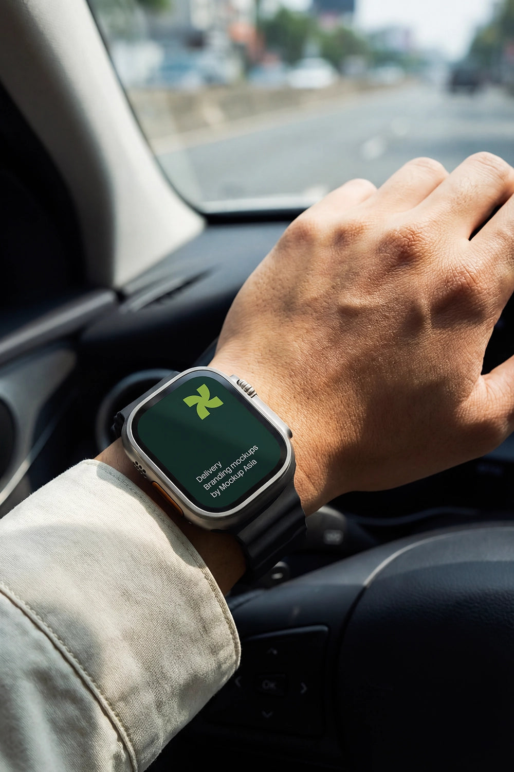 Apple Watch Ultra 3 mockup on wrist inside car with driving POV angle