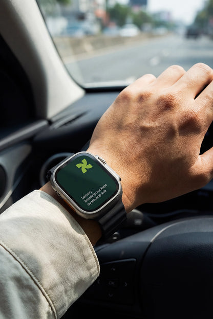Apple Watch Ultra 3 mockup on wrist inside car with driving POV angle