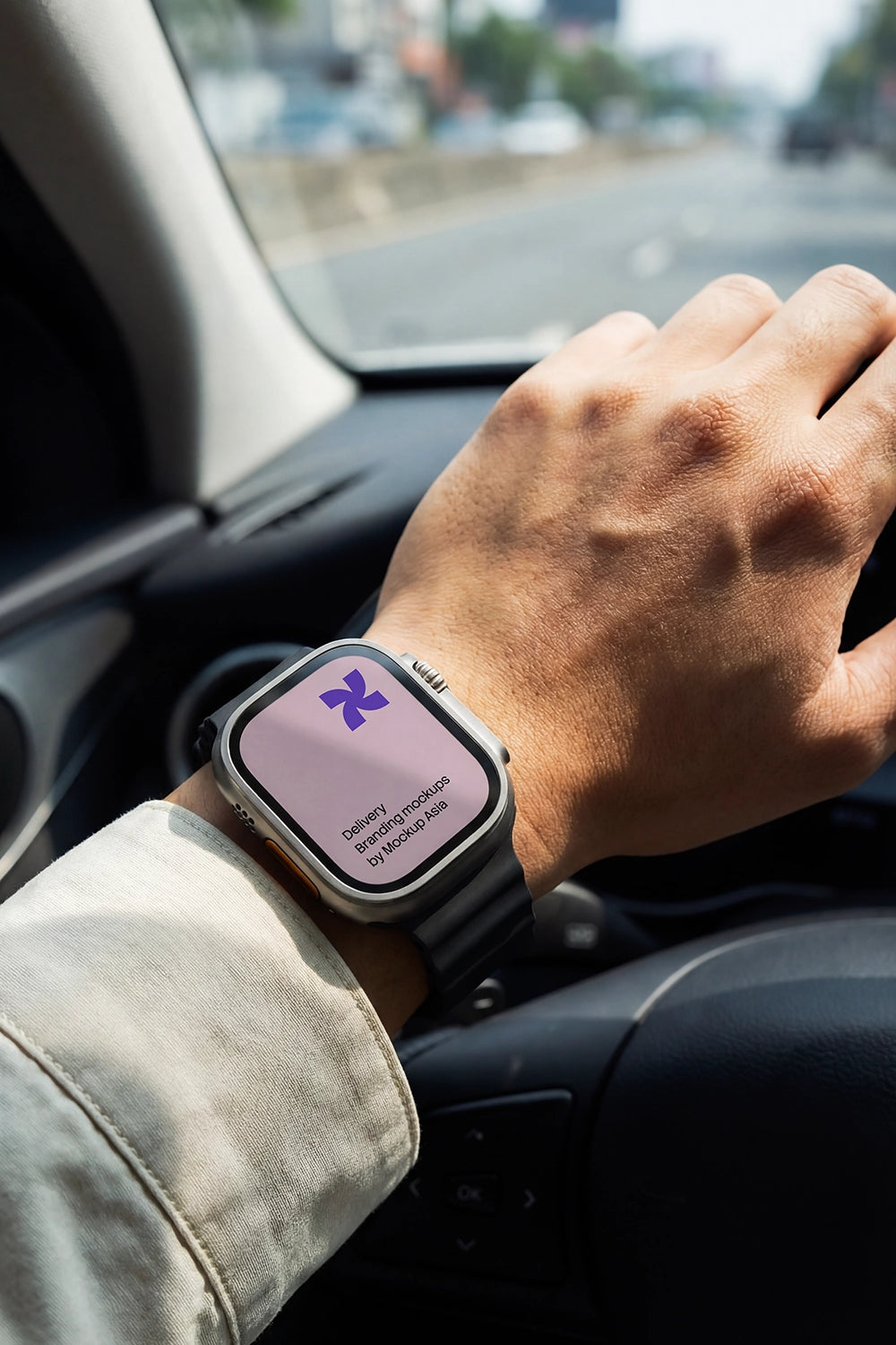 Realistic Apple Watch Ultra 3 PSD mockup with natural sunlight in car interior