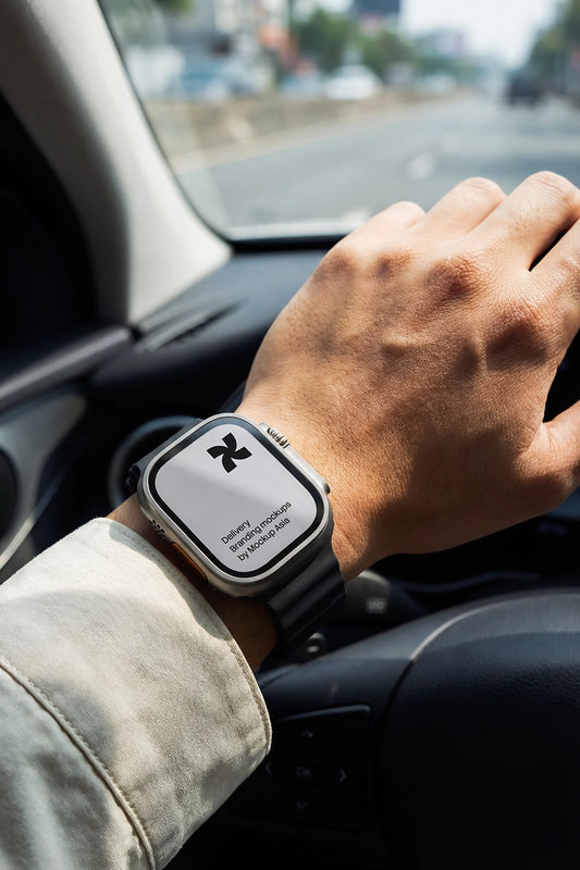 Smartwatch mockup on hand in driving scene with editable screen