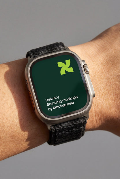 Apple Watch Ultra 3 close-up mockup on wrist with editable screen