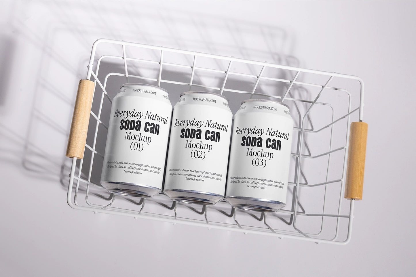 soda cans mockup in wire basket top view aluminum beverage packaging natural lifestyle scene