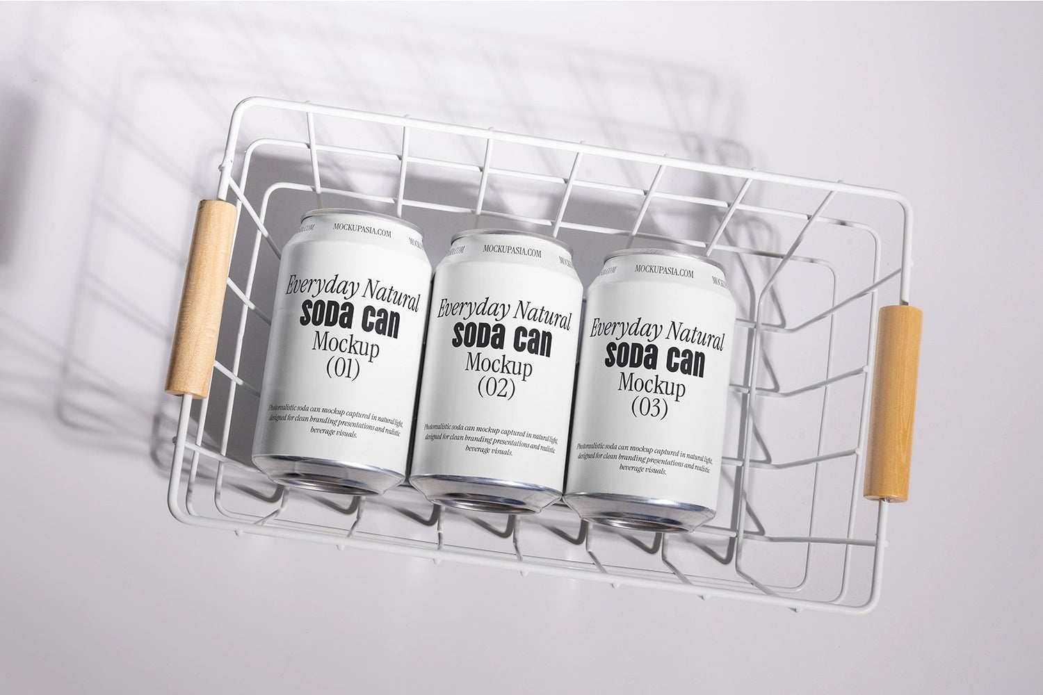 soda cans mockup in wire basket top view aluminum beverage packaging natural lifestyle scene