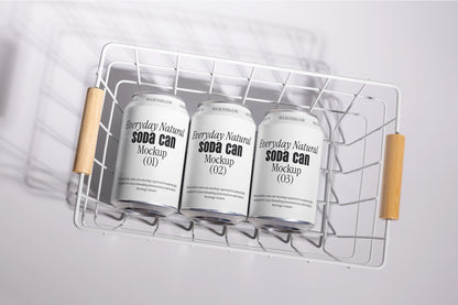 soda cans mockup in wire basket top view aluminum beverage packaging natural lifestyle scene