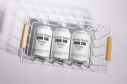 soda cans mockup in wire basket top view aluminum beverage packaging natural lifestyle scene