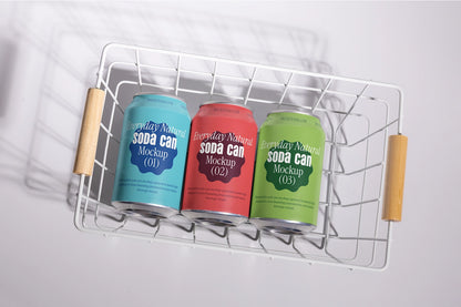 Three drink cans mockup in metal basket soft shadow clean background lifestyle branding template