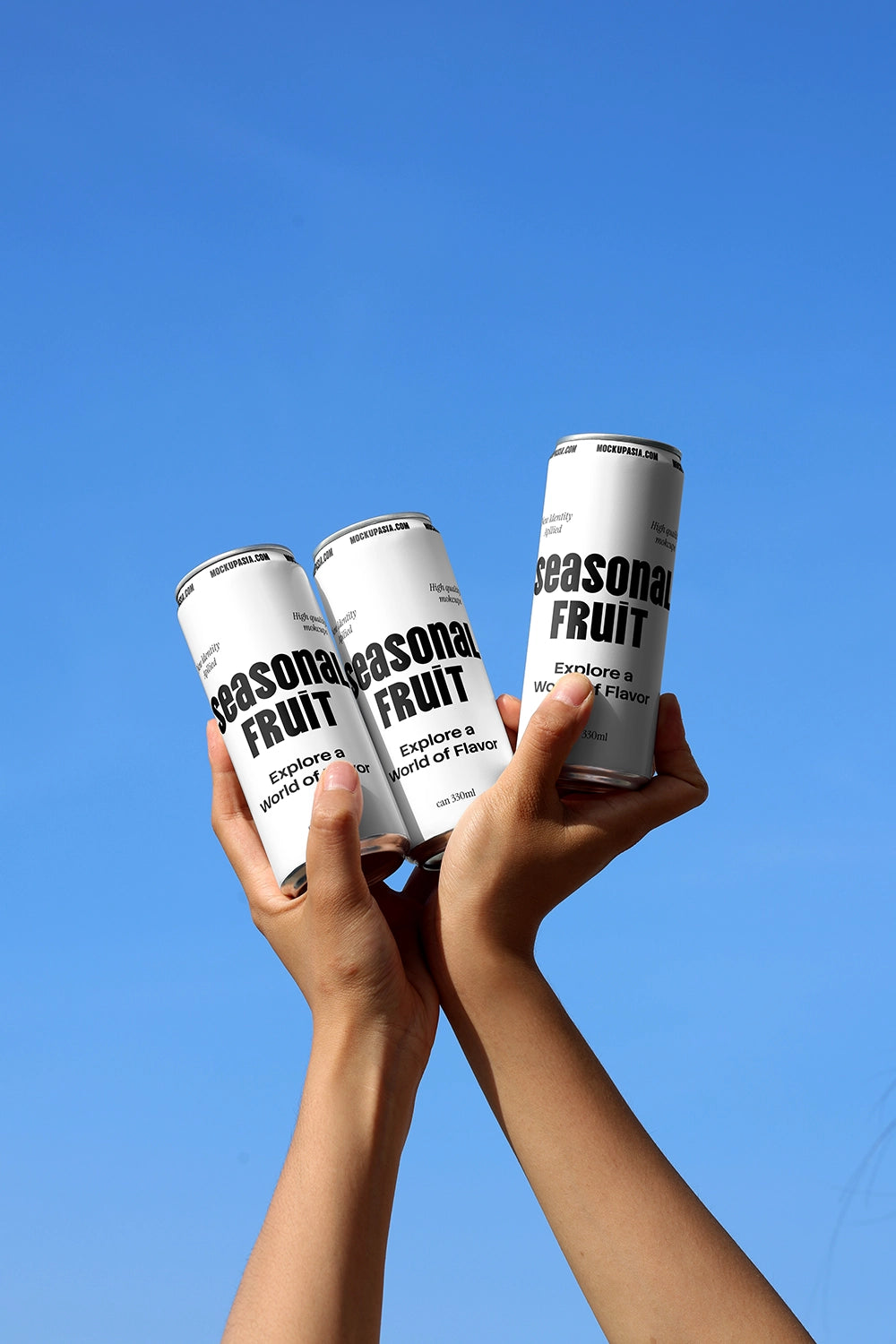 Two hands lifting slim cans overhead against a clear sky – editable PSD mockup CF15