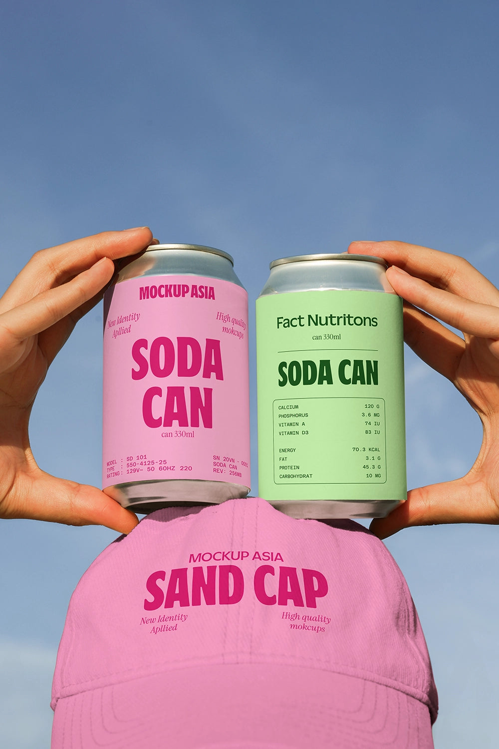 Drink cans mockup pair in hands nutrition label and branding presentation natural light template