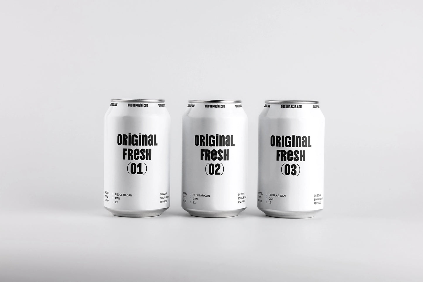 Three aluminum soda cans mockup front view minimal design blank packaging template