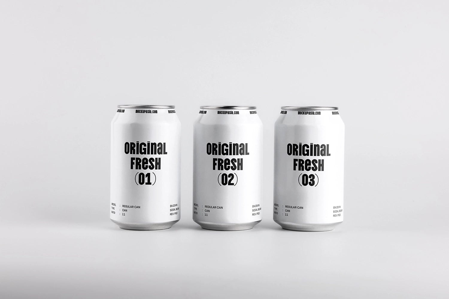 Three aluminum soda cans mockup front view minimal design blank packaging template
