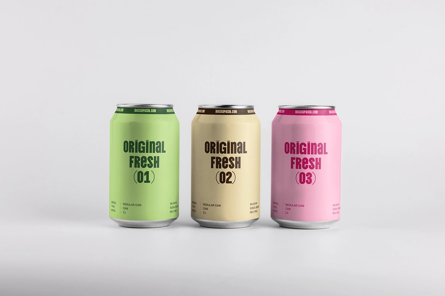 Set of 3 blank beverage cans mockup realistic lighting soft shadow isolated on white background