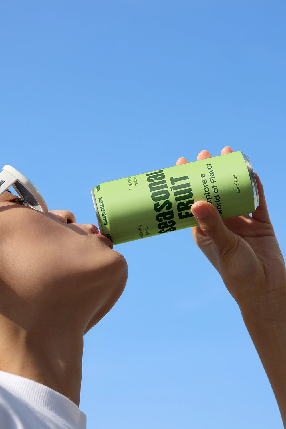 energy drink can mockup person drinking outdoor sky background