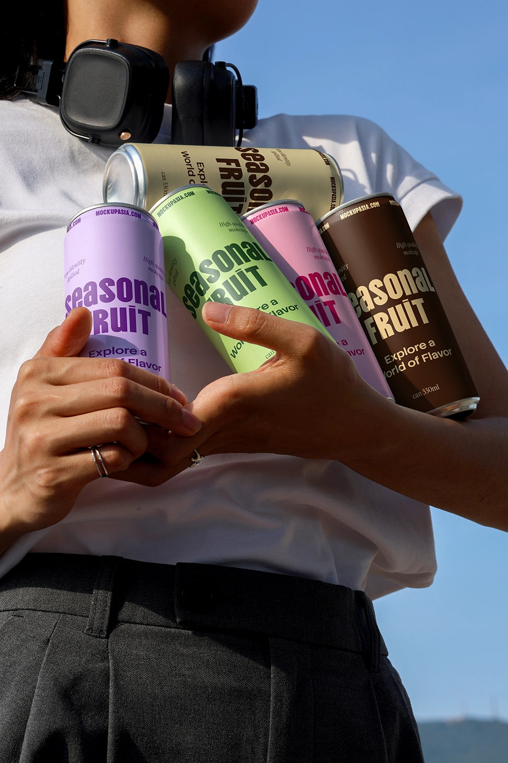 Aluminum beverage cans mockup showing product variations with natural lighting and modern styling