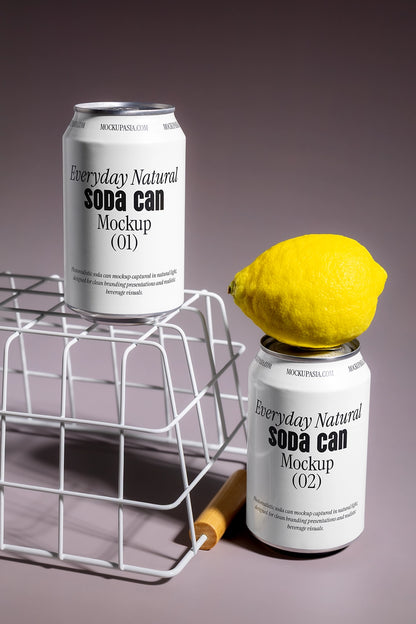 Soda can mockup with lemon and wire basket aluminum beverage packaging natural lifestyle scene