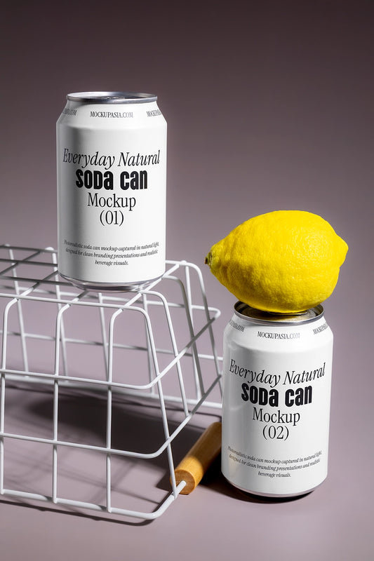Soda can mockup with lemon and wire basket aluminum beverage packaging natural lifestyle scene