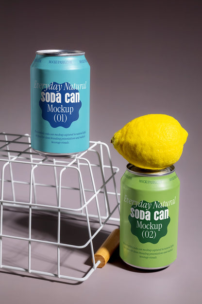 Two drink cans mockup one with lemon fruit minimal composition soft shadow branding template
