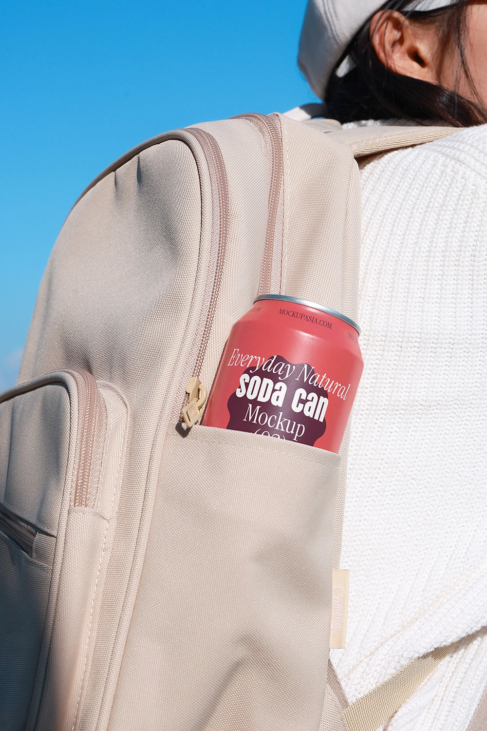 Aluminum soda can mockup in bag pocket realistic lifestyle context packaging PSD template
