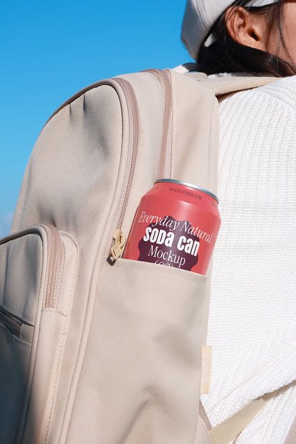 Aluminum soda can mockup in bag pocket realistic lifestyle context packaging PSD template