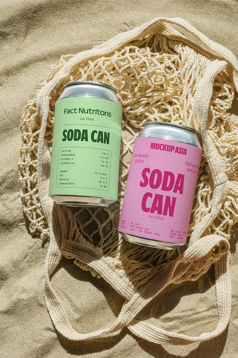 Beach soda can mockup with natural sunlight and woven bag for fresh and organic branding style