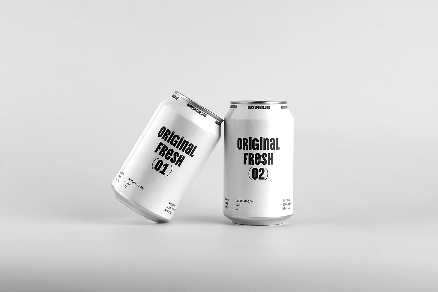 Two aluminum soda cans mockup one tilted one standing realistic minimal packaging design template