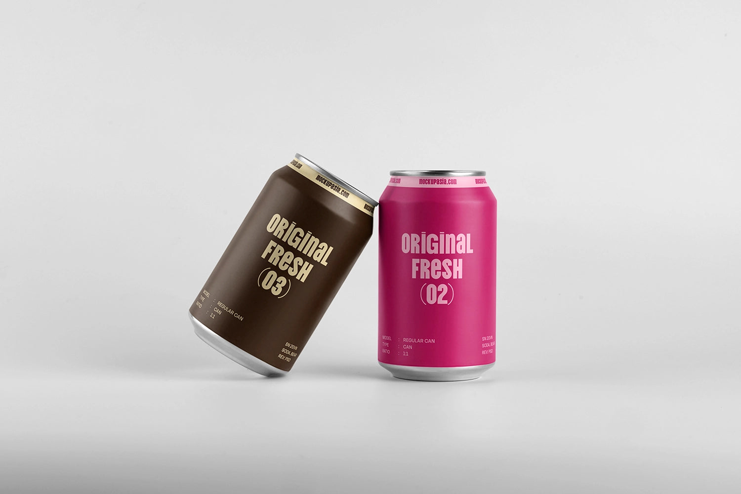 Realistic soda can mockup set front view one leaning can aluminum drink packaging PSD template