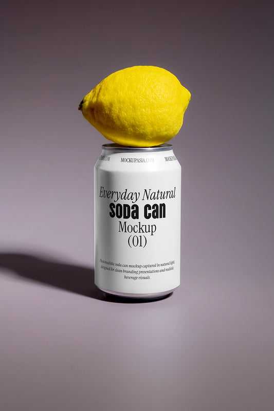 Soda can mockup with lemon on top aluminum beverage packaging fresh natural concept