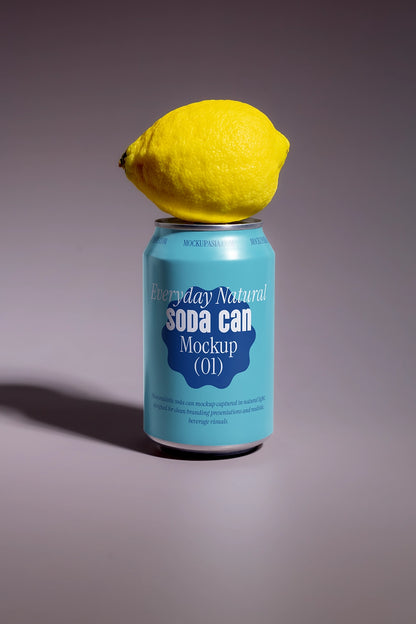 Drink can mockup with lemon fruit minimal composition natural lighting clean background branding template