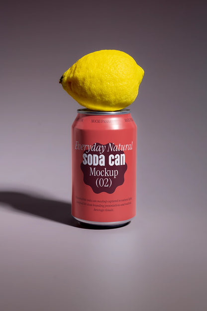 Aluminum soda can mockup with lemon fresh citrus concept realistic packaging PSD presentation