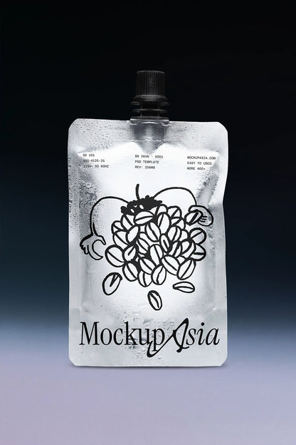 Realistic spout pouch mockup with liquid packaging and condensation texture