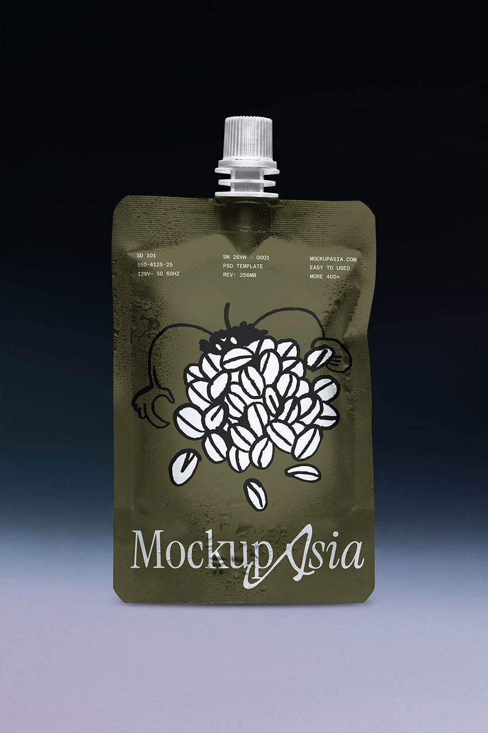 Flexible beverage pouch PSD mockup with screw cap packaging design