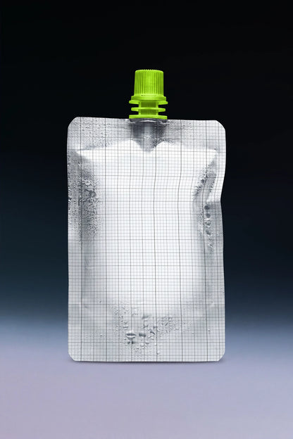 Premium liquid refill pouch mockup with realistic plastic material and soft lighting