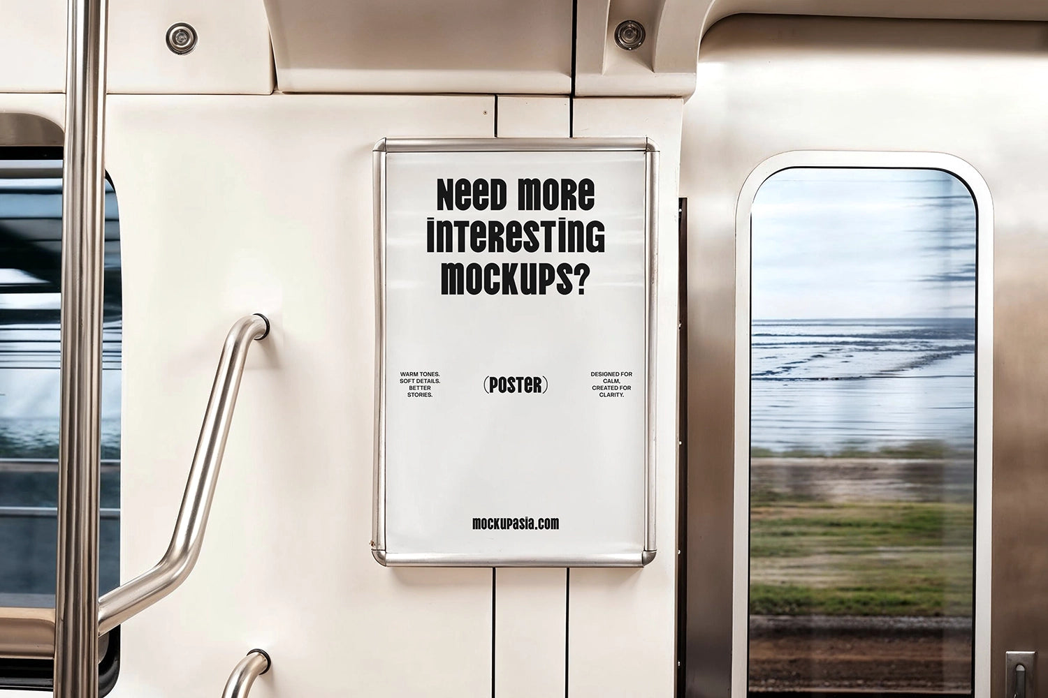 subway poster mockup inside train with window motion blur and clean minimalist design